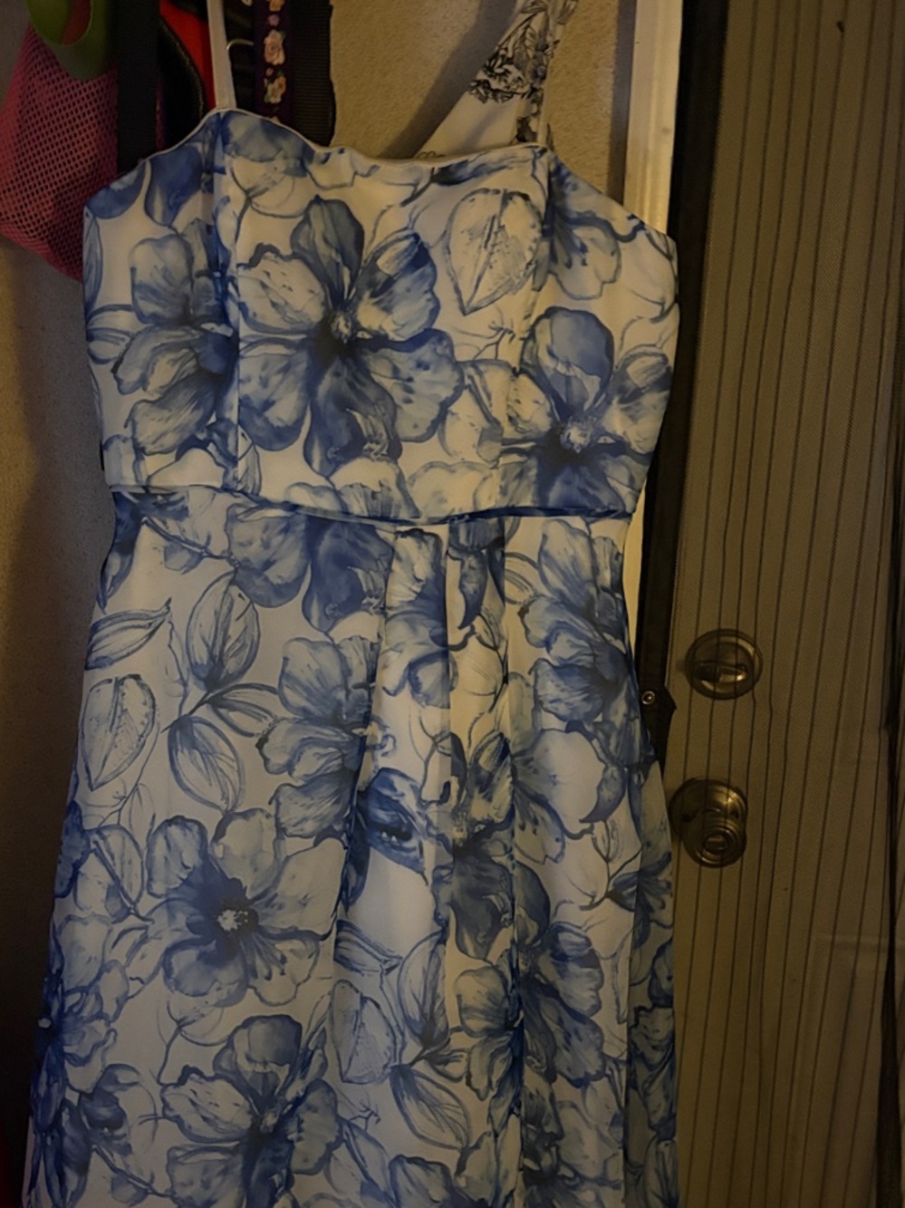 Aidan by Aidan Mattox White Strapless Dress with Blue Floral Print
